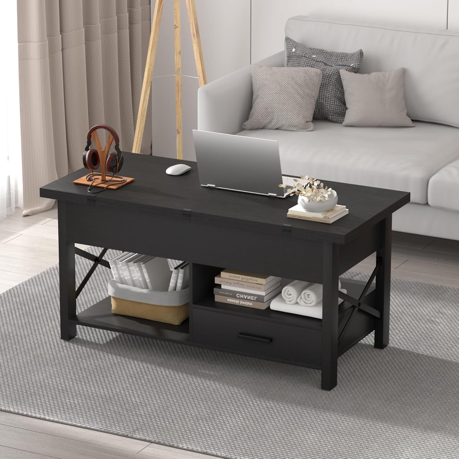 Lift Top Coffee Table with Storage, Convertible Coffee Table Converts to Dining Table, Farmhouse Coffee Tables with Lifting Top, Center Table for Living Room with Drawer and Hidden Compartment, Black