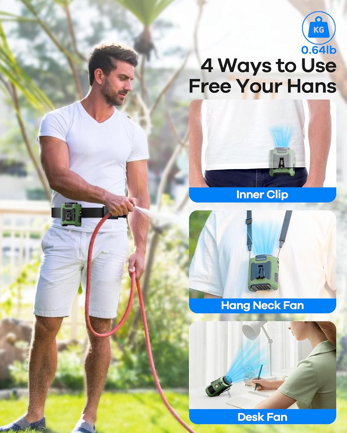 10000mAh Portable Waist Clip on Fan Wearable Belt Personal Cooling Shirt Fan Rechargeable with 5 Speeds Flashlight Neck Fan Hand-Free Last for 40H for Outdoor Camping Office Travel (Green)