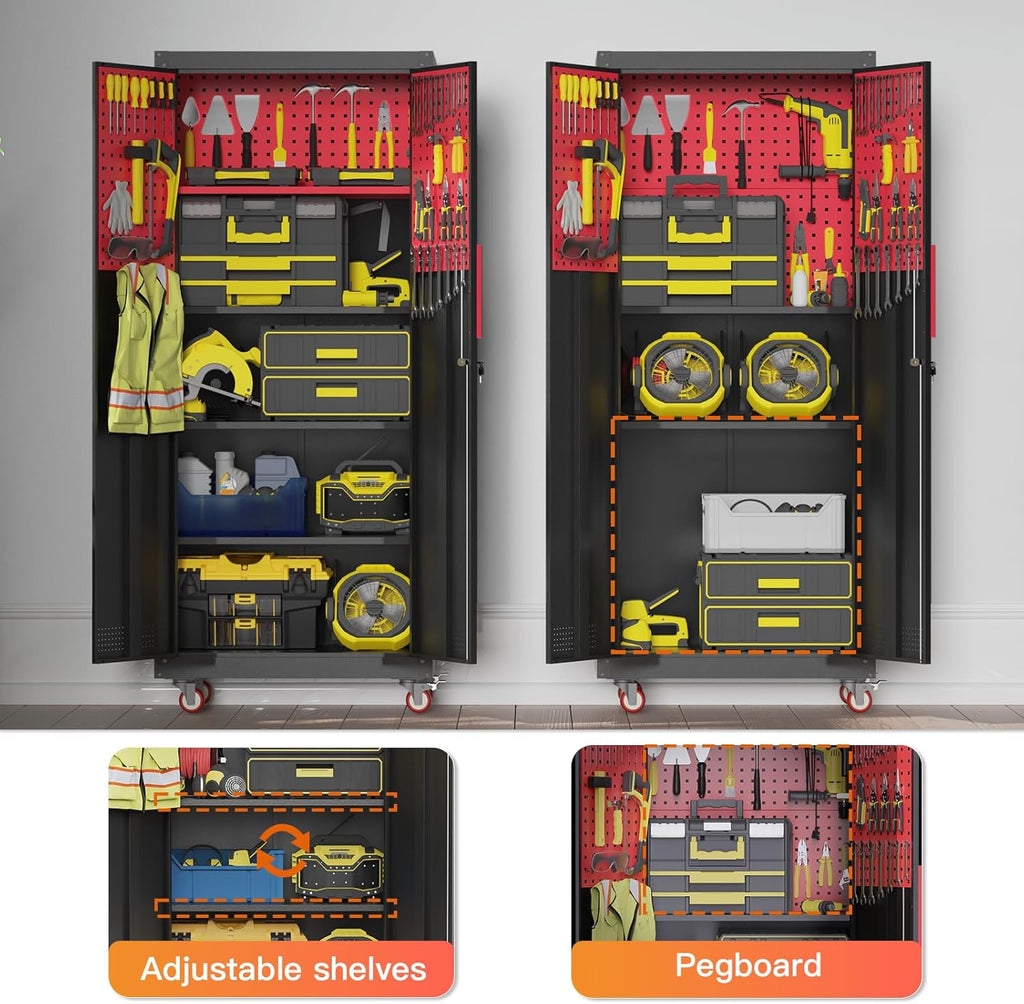 Metal Garage Storage Cabinet, Tall Garage Cabinets with 5 Adjustable Shelves, Steel Tool Storage Cabinet with Wheels,Lockable Heavy Duty Metal Cabinets for Home, Warehouse,Basement