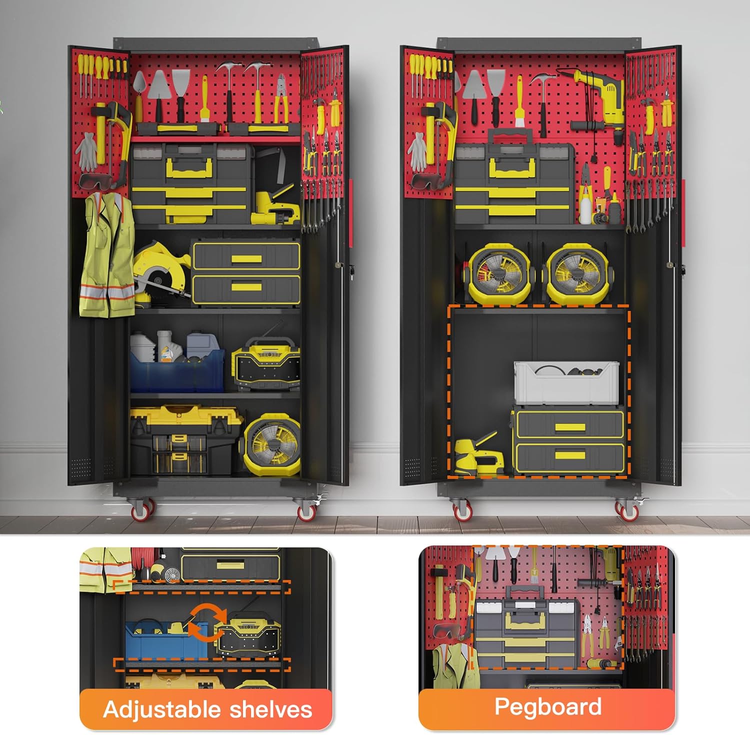 Metal Garage Storage Cabinet, Tall Garage Cabinets with 5 Adjustable Shelves, Steel Tool Storage Cabinet with Wheels,Lockable Heavy Duty Metal Cabinets for Home, Warehouse,Basement
