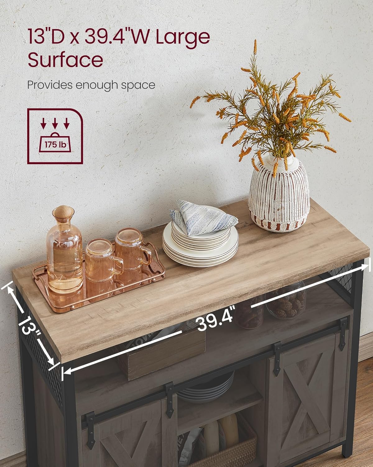 VASAGLE Buffet Cabinet, Coffee Bar Storage Cabinet, Sideboard with 2 Sliding Barn Doors, Adjustable Shelves, 13 x 39.4 x 31.5 Inches, for Living Room, Camel Brown and Ink Black ULSC092B50