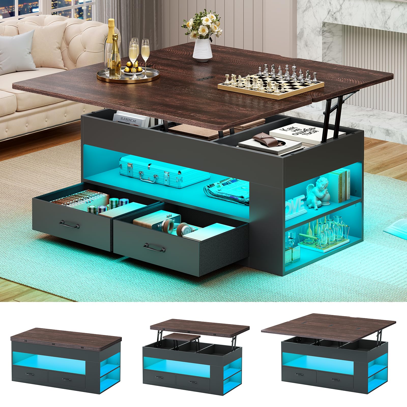 Itaar Lift Top Coffee Table, 4 in 1 Coffee Tables with Storage and Hidden Compartment, Farmhouse Coffee Table with 2 Fabric Drawers & LED Light for Living Room, Grey Oak