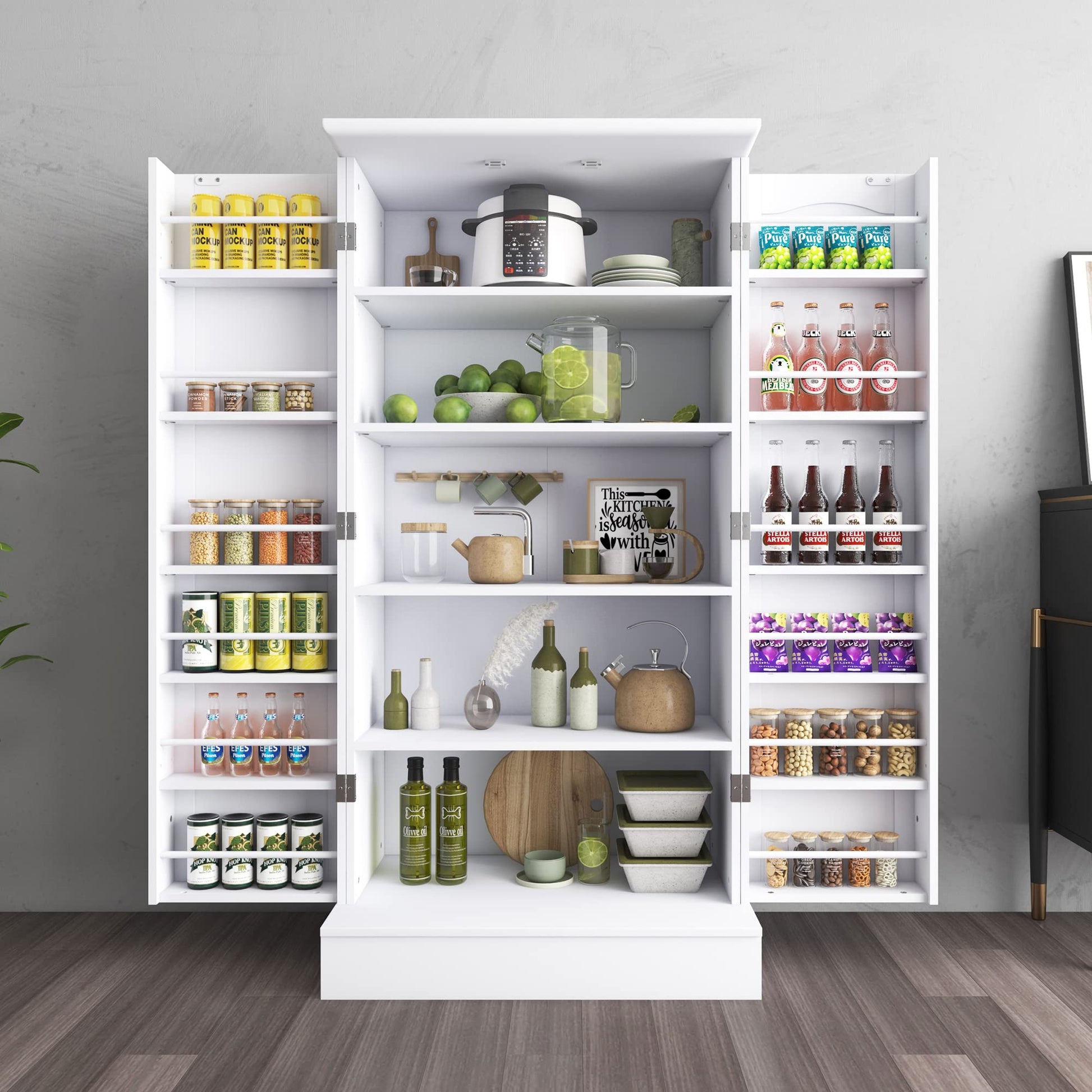 55'' Pantry Storage Cabinet with Adjustable Shelves and Drawer, Buffet Cupboard for Kitchen, Living Room, Bathroom, Dining Room