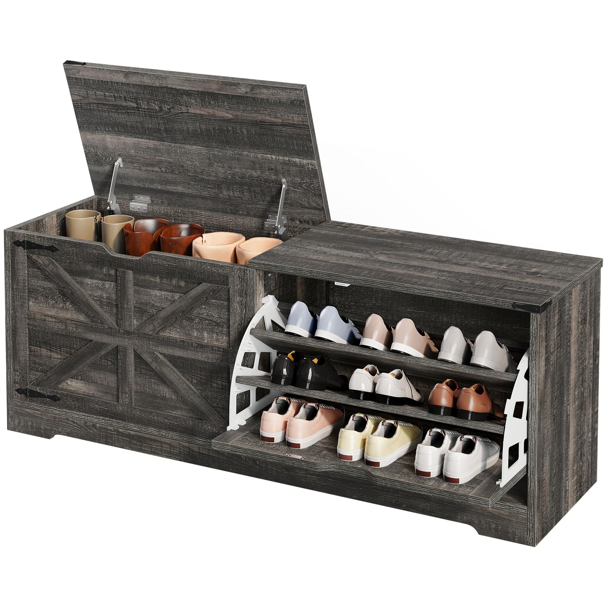DWVO Shoe Storage Bench, 55" L Shoe Cabinet with 3 Flip Drawer & Flip-Top Storage, Farmhouse Modular Tilt-Out Organizer for Entryway, Mudroom, Bedroom