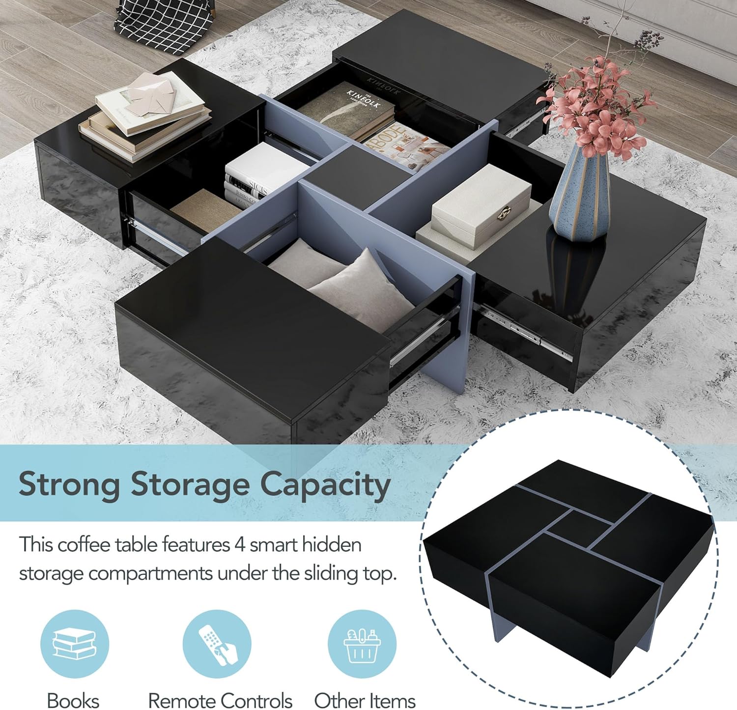 ON-TREND Unique Design Coffee Table with 4 Hidden Storage Compartments, Square Cocktail Table with Extendable Sliding Tabletop, UV High-gloss Design Center Table for Living Room, 31.5"x 31.5"