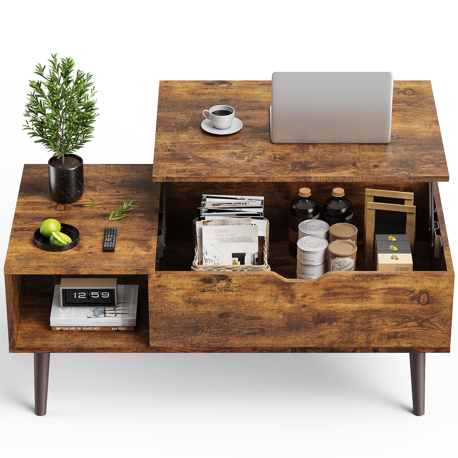OLIXIS Wood Lift Top Coffee Table with Hidden Compartment and Large Storage Shelf, Lift Tabletop Dining Center Table for Home Living Room Office, Natural Wood