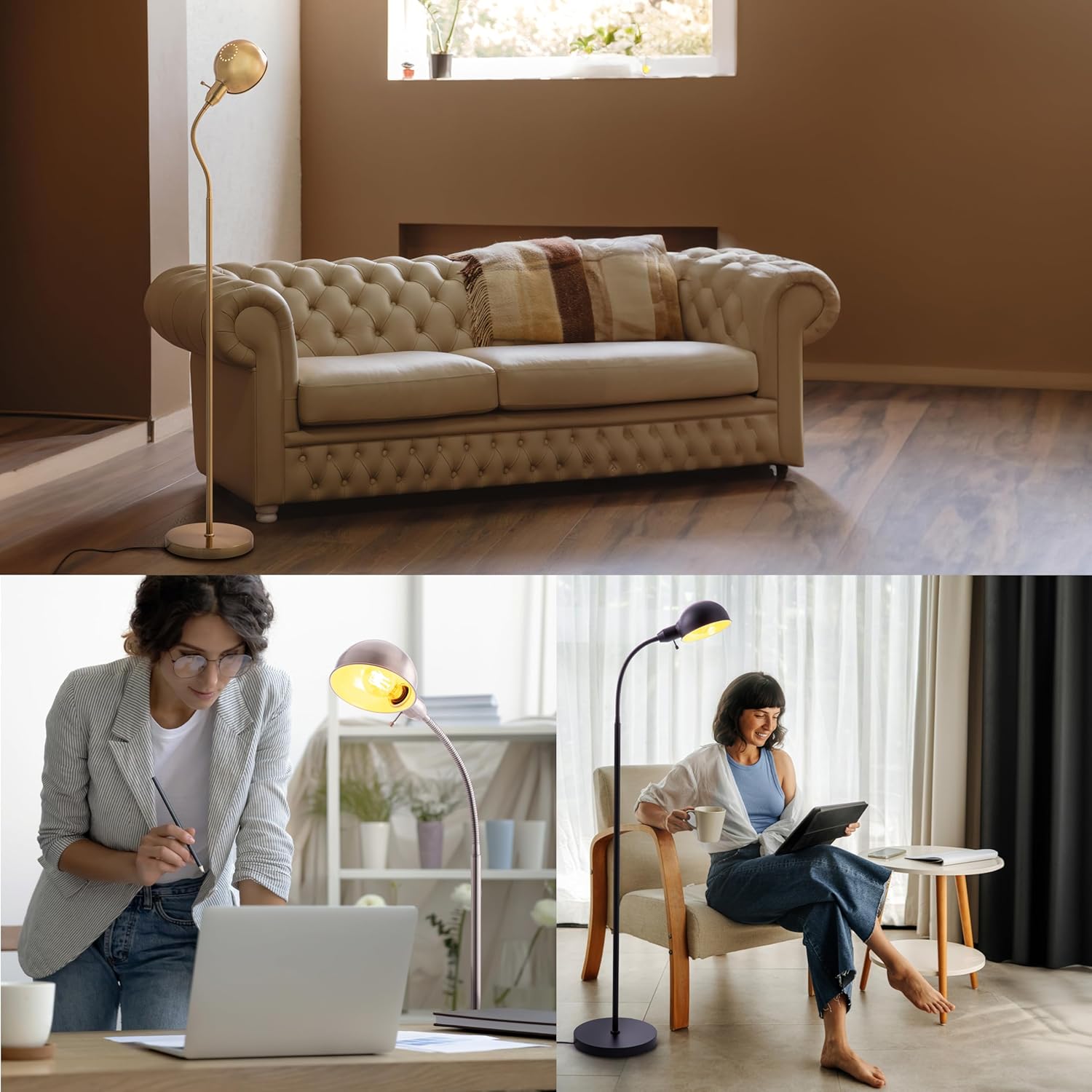 O'Bright Nova - Adjustable Floor Lamp with Flexible Gooseneck and Rotatable Shade, E26 Socket, 10-Inch Base - Ideal for Reading, Bedside, Living Room, Antique Brass