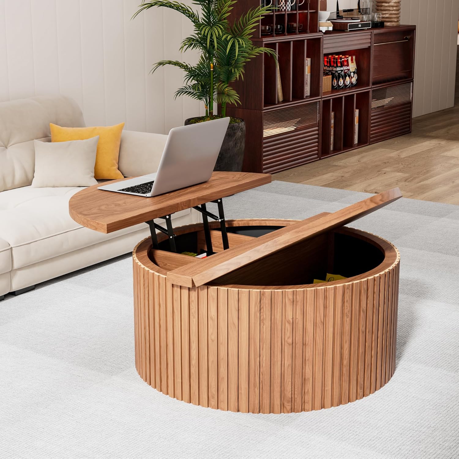 Round Fluted Lift Top Coffee Table with Storage, 34.6'' Farmhouse Round Coffee Tables for Living Room, Circle Wood Accent Center Table for Home, Office (Walnut)