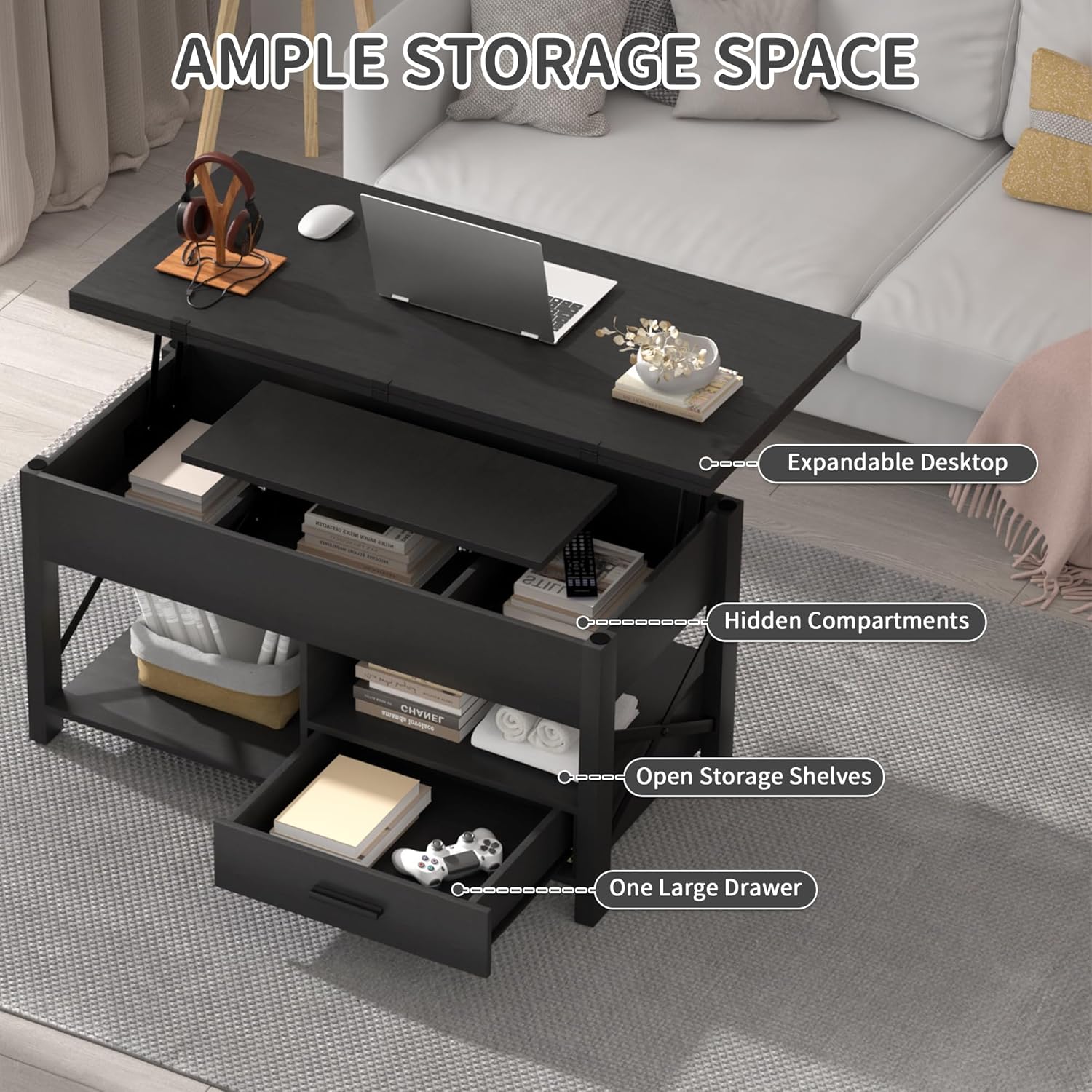 Lift Top Coffee Table with Storage, Convertible Coffee Table Converts to Dining Table, Farmhouse Coffee Tables with Lifting Top, Center Table for Living Room with Drawer and Hidden Compartment, Black