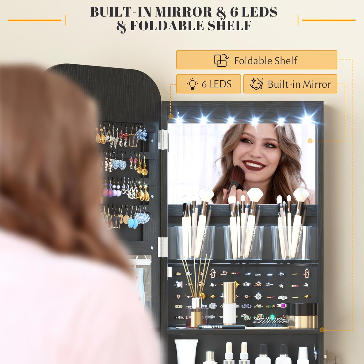 Vlsrka 47.2" LED Mirror Jewelry Cabinet, Wall/Door Mounted Full Length Mirror with Storage, Lockable Jewelry Armoire with Mirror, Rounded Corner Hanging Mirror Jewelry Organizer, Black