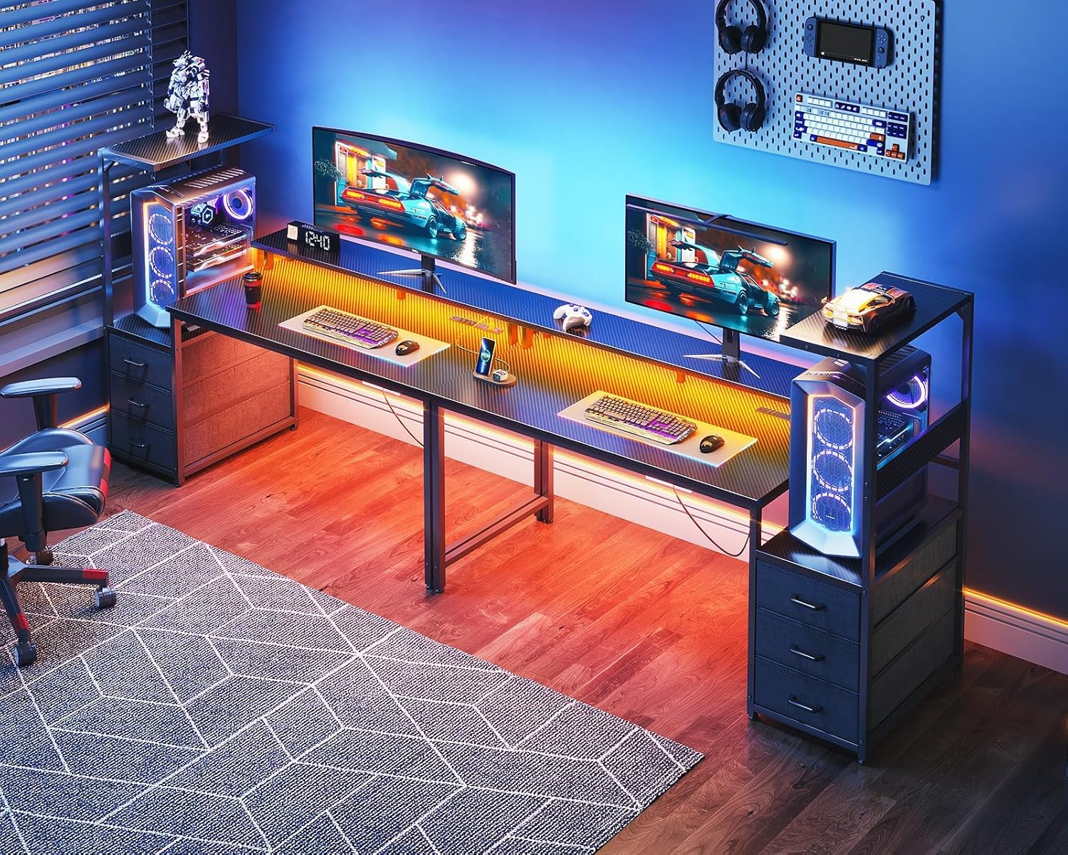 AODK 59 Inch Gaming Desk with USB Charging Ports & LED Light- Reversible Computer Desk with Storage Shelves & Monitor Stand, Modern Gamer Desk Table with Fabric Drawers & Side Hook, Carbon Fiber Black