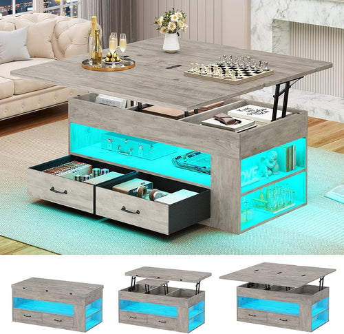 Itaar Lift Top Coffee Table, 4 in 1 Coffee Tables with Storage and Hidden Compartment, Farmhouse Coffee Table with 2 Fabric Drawers & LED Light for Living Room, Grey Oak