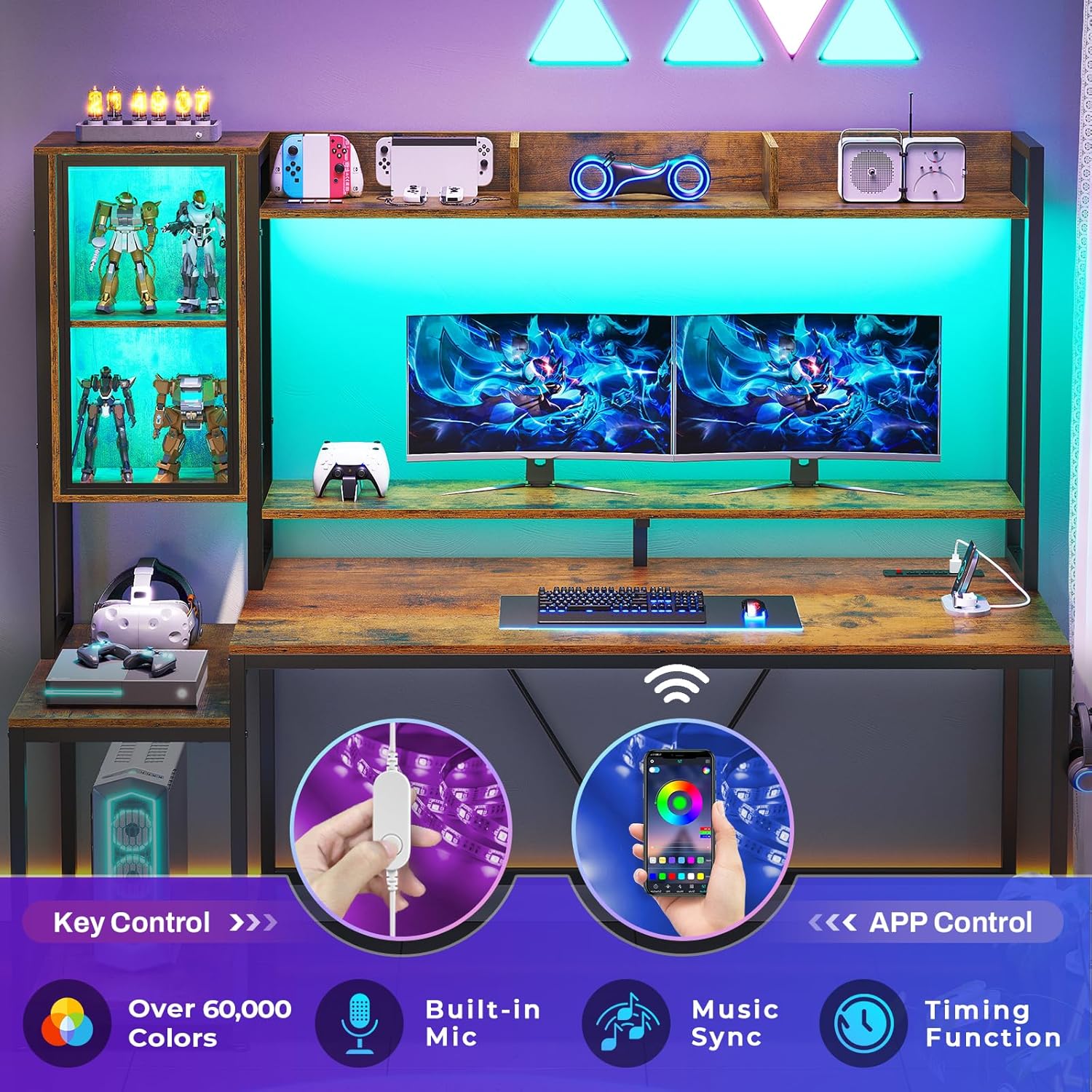 SEDETA Gaming Desk, 60'' Gaming Desk with Hutch and LED Lights, Computer Desk with Storage Shelves, Large PC Gamer Desk with Display Cabinet, Monitor Stand, Power Outlet for Home Office, Rustic Brown