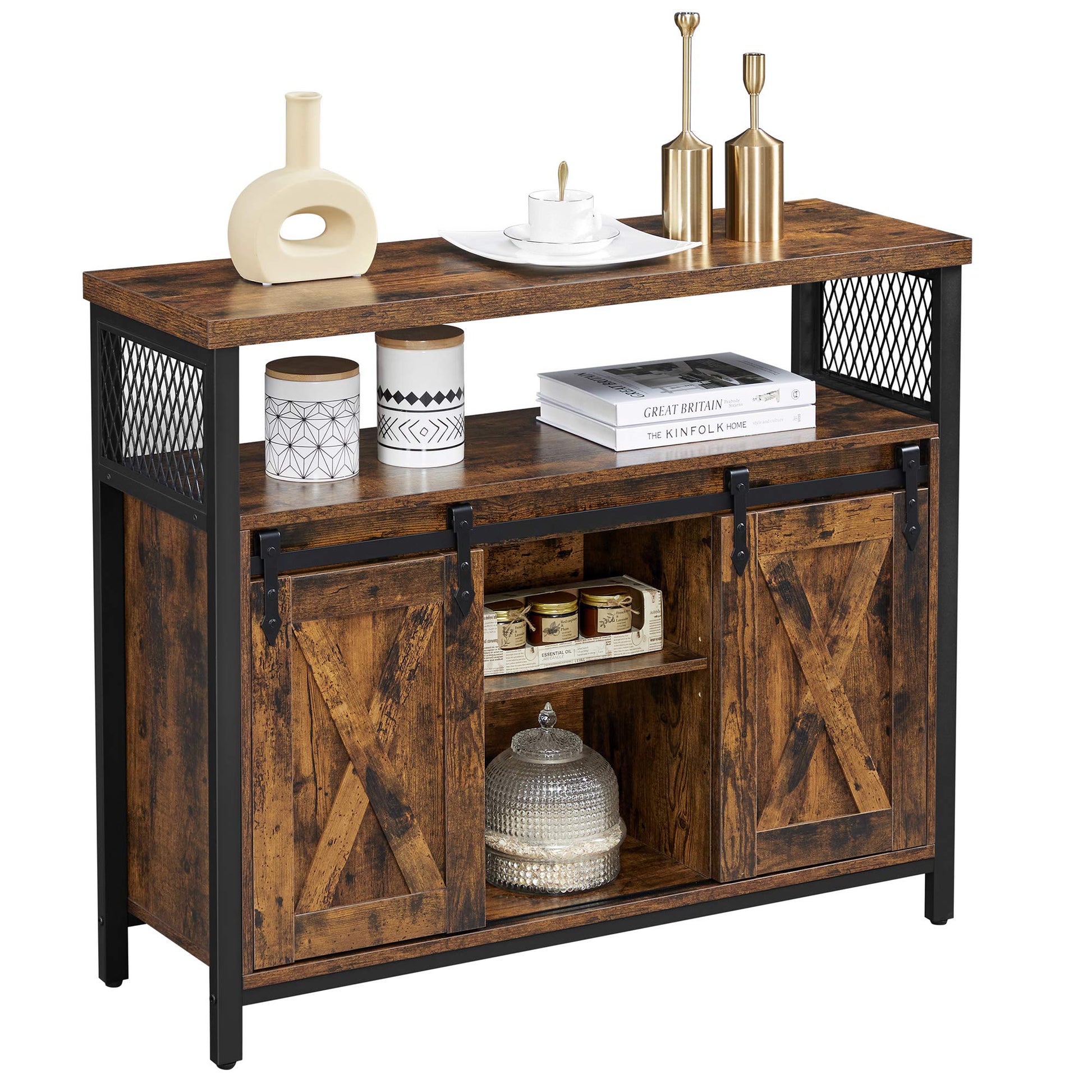 VASAGLE Buffet Cabinet, Coffee Bar Storage Cabinet, Sideboard with 2 Sliding Barn Doors, Adjustable Shelves, 13 x 39.4 x 31.5 Inches, for Living Room, Camel Brown and Ink Black ULSC092B50