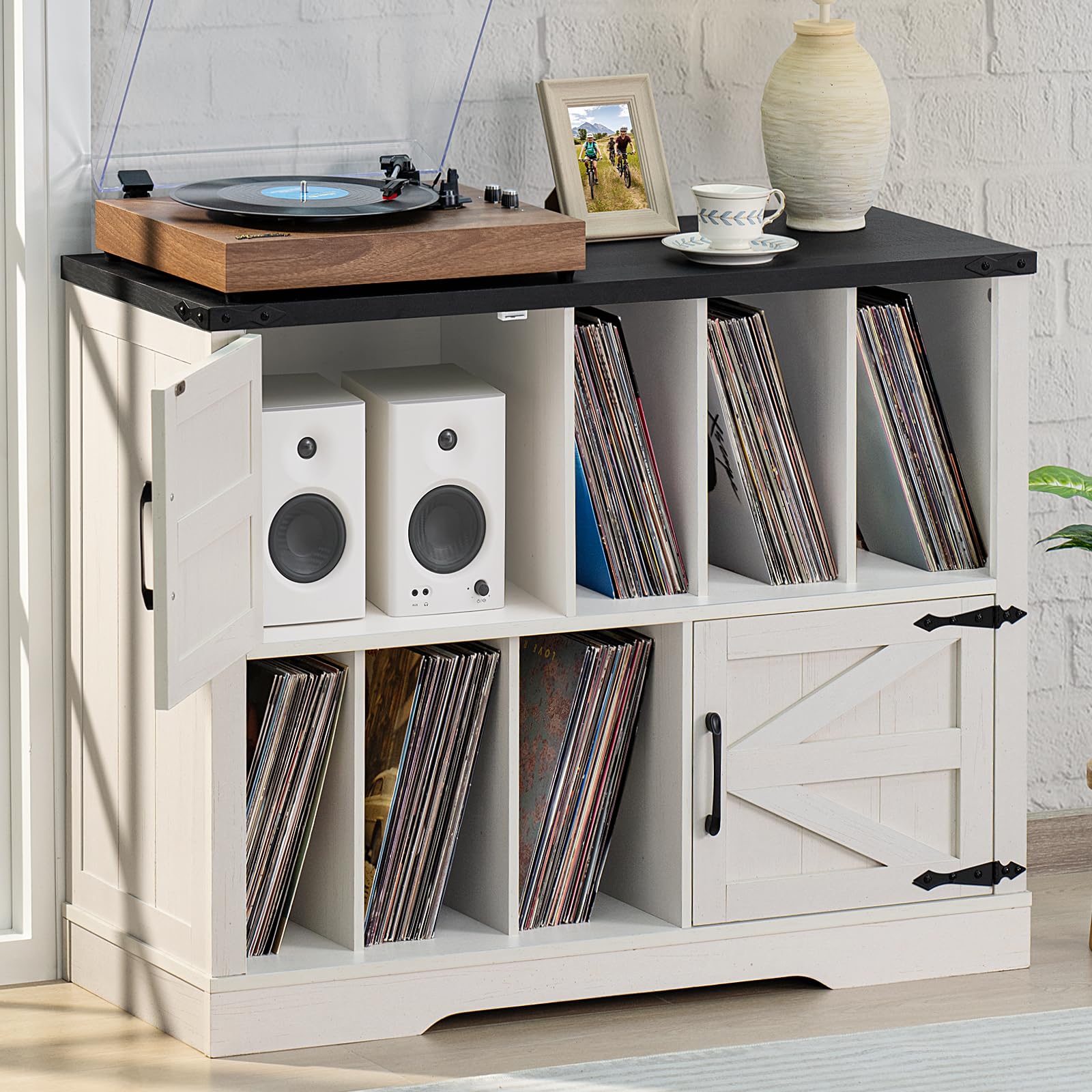 Large Record Player Stand with Vinyl Storage Up to 450 Albums, 39 Inch Farmhouse Wood Navy Blue Vinyl Records Storage Cabinet with Barn Doors, Mid-Century Turntable Stand for Living Room