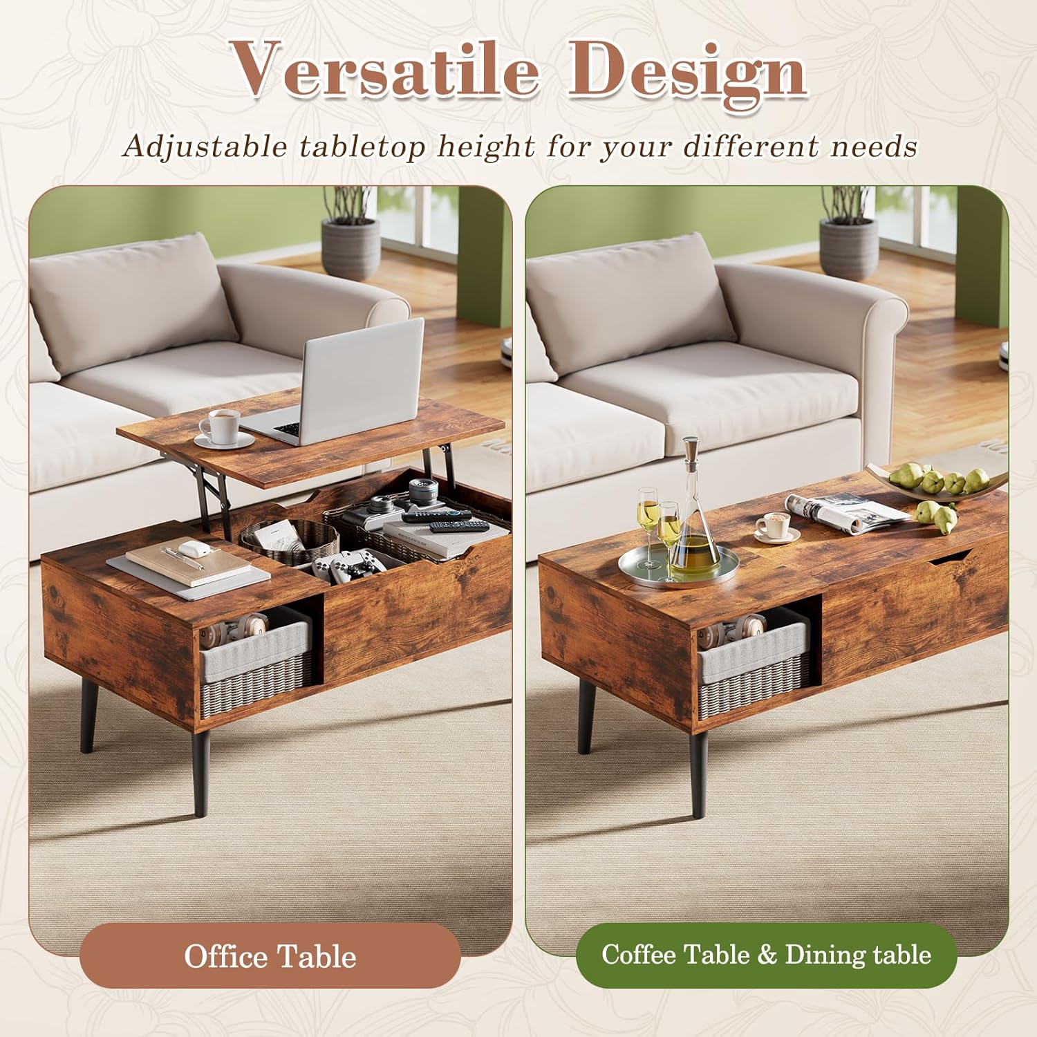 OLIXIS Wood Lift Top Coffee Table with Hidden Compartment and Large Storage Shelf, Lift Tabletop Dining Center Table for Home Living Room Office, Natural Wood