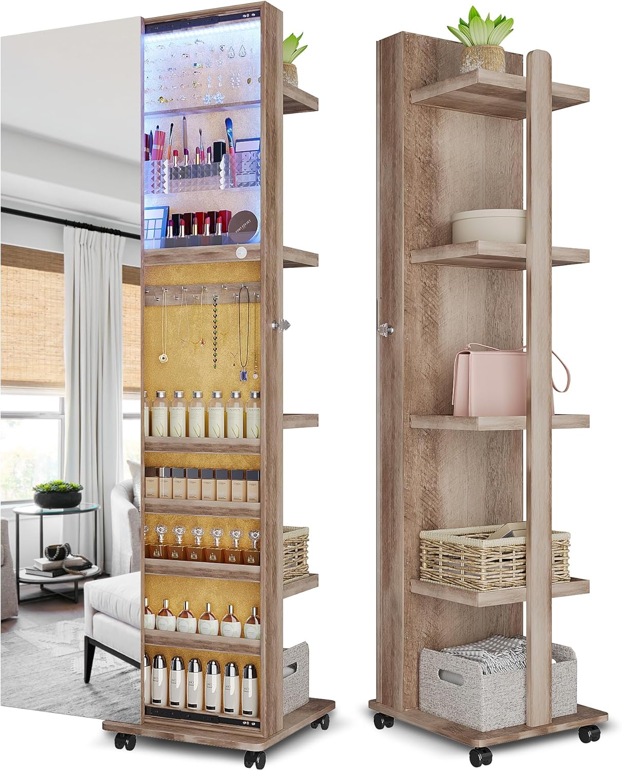 Lvifur 360° Rotating LED Jewelry Armoire,Side Pull Full Length Mirror Large Capacity Floor Standing 3 Color Dimmable Mirror Standing Jewelry Organizer Armoire with 4 Rollers,Rear Storage Shelves,Brown