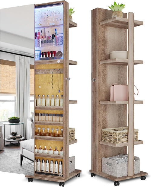 Lvifur 360° Rotating LED Jewelry Armoire,Side Pull Full Length Mirror Large Capacity Floor Standing 3 Color Dimmable Mirror Standing Jewelry Organizer Armoire with 4 Rollers,Rear Storage Shelves,Brown