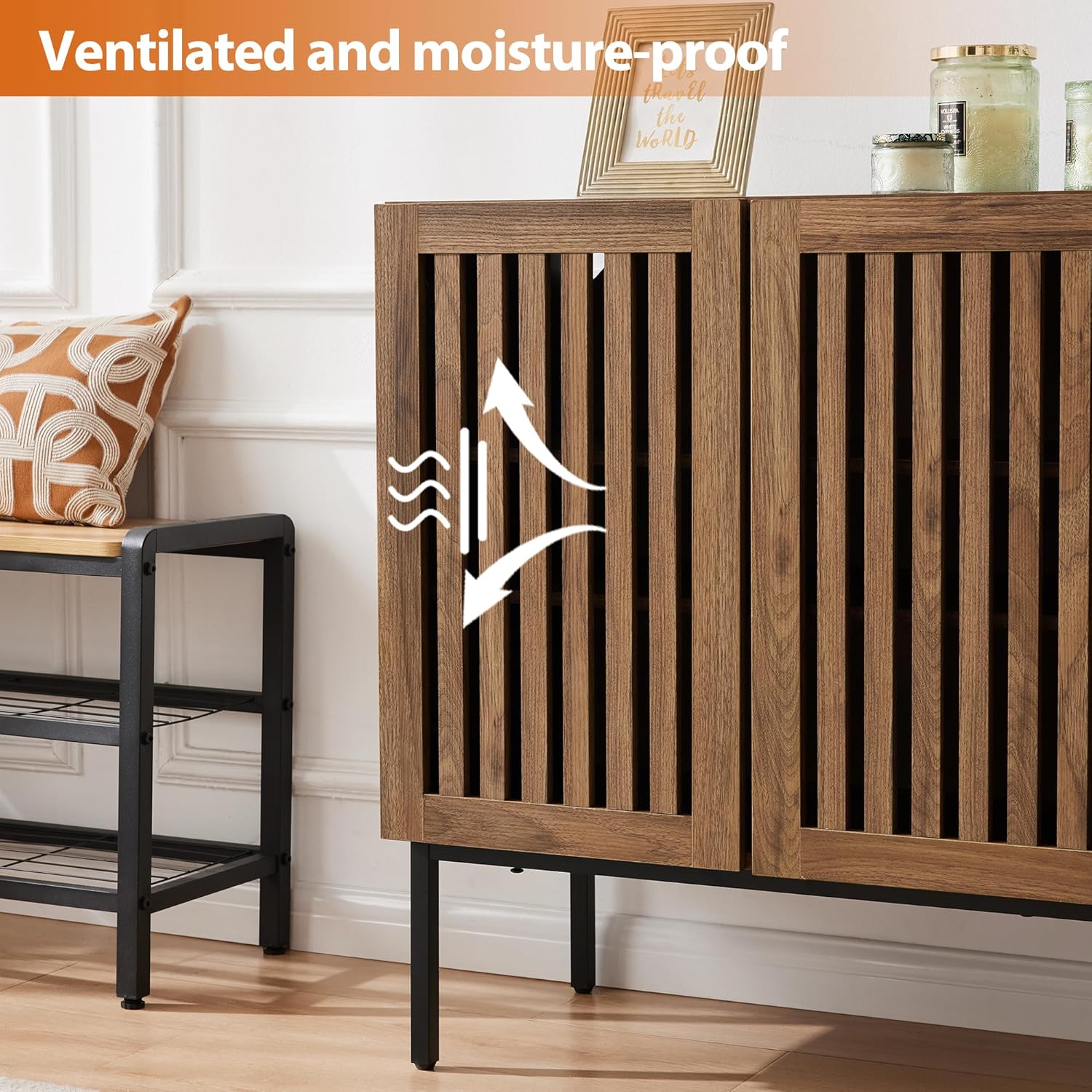 Grille Buffet Cabinet with Storage, Sideboards 2 Doors with Metal Base and Adjustable Shelf for Kitchen, Coffee Bar, Dining Room, Entryway, Hallway,Living Room