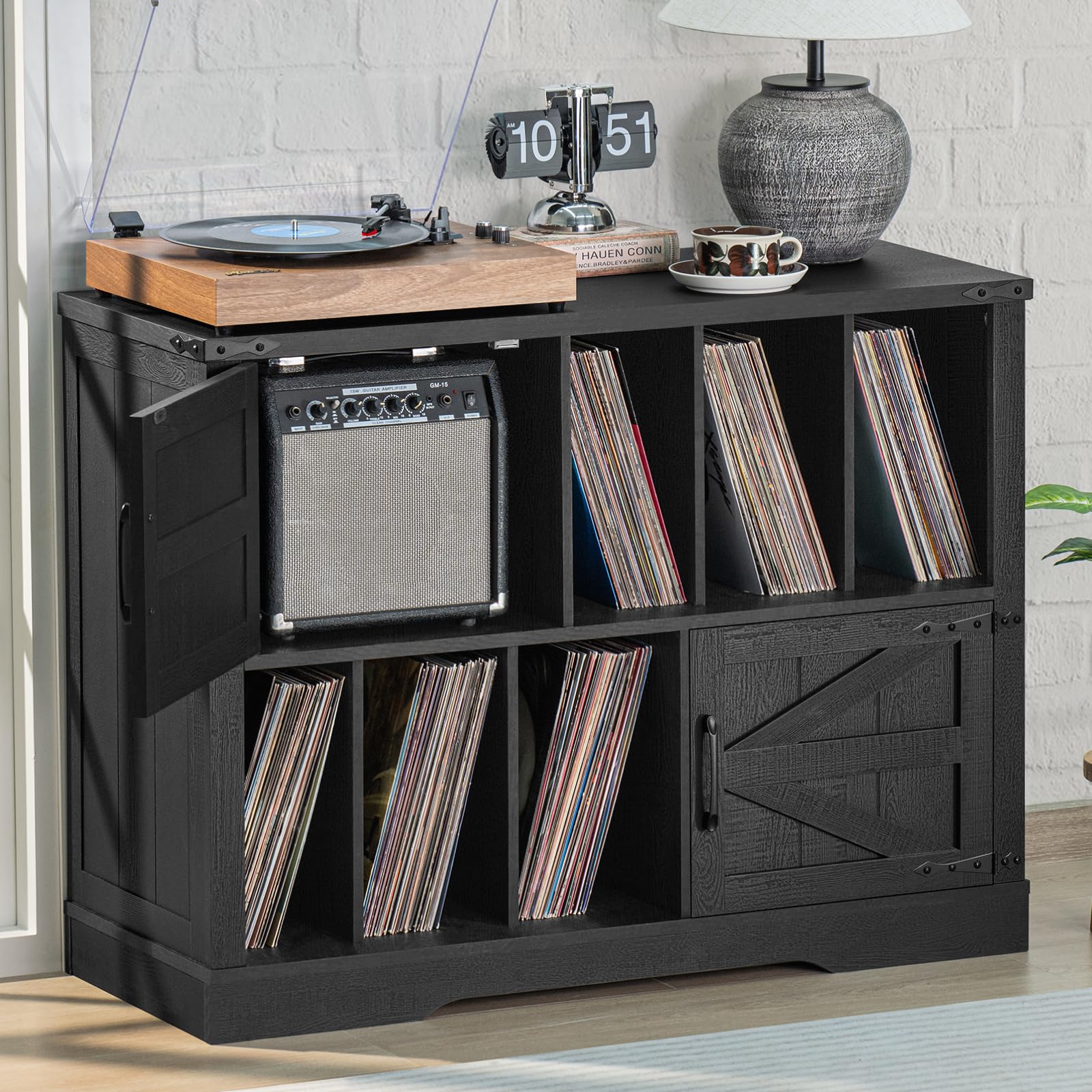 Large Record Player Stand with Vinyl Storage Up to 450 Albums, 39 Inch Farmhouse Wood Navy Blue Vinyl Records Storage Cabinet with Barn Doors, Mid-Century Turntable Stand for Living Room