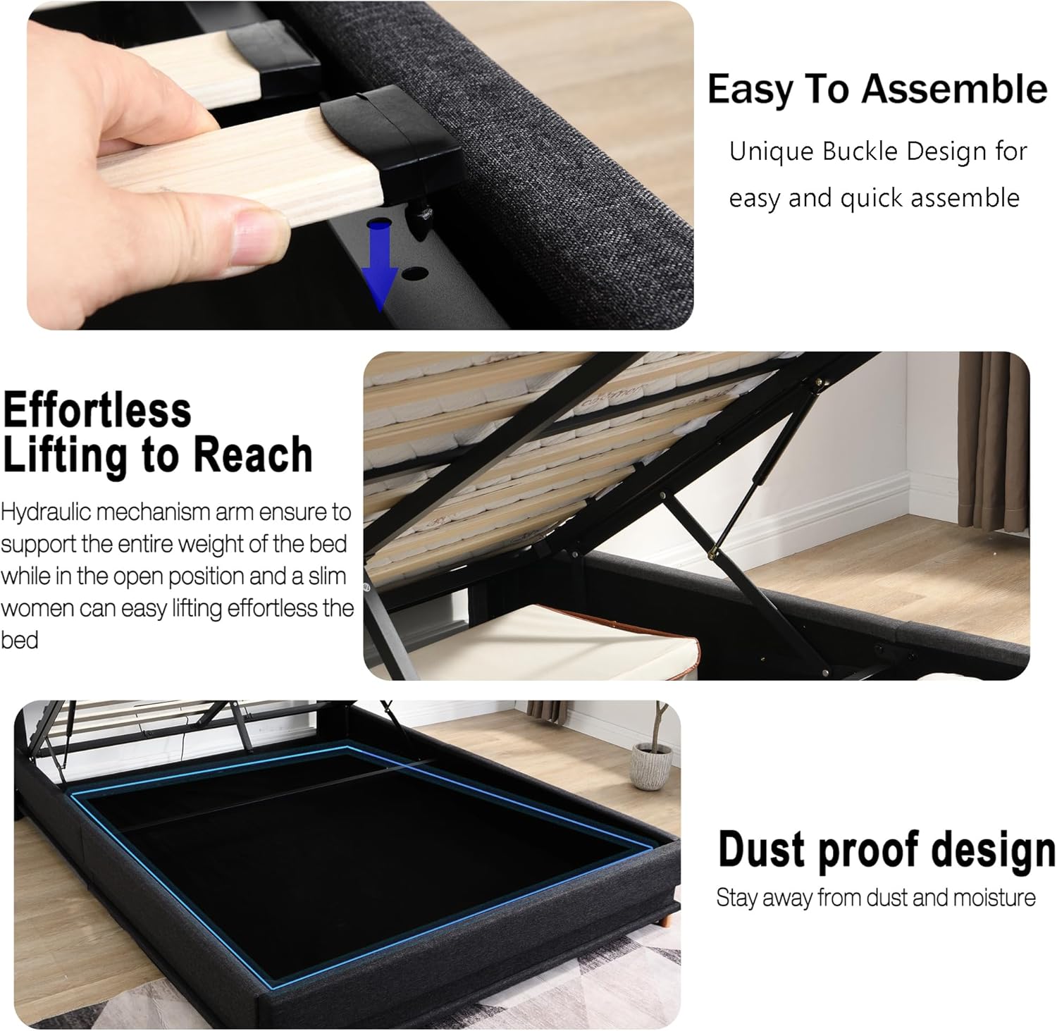 Lift Up Storage Bed Frame Queen Size with Charging Station & Led Lights, Black Upholstered Platform Bed with Wingback Storage Headboard with Pocket, Hydraulic Lift System,No Box Spring Needed