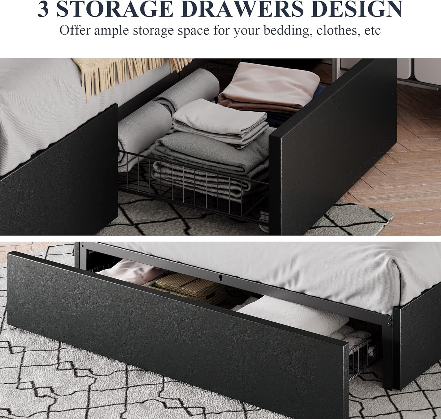 Allewie Queen Size Platform Bed Frame with 3 Storage Drawers, Faux Leather Upholstered, Wooden Slats Support, No Box Spring Needed, Easy Assembly, Black