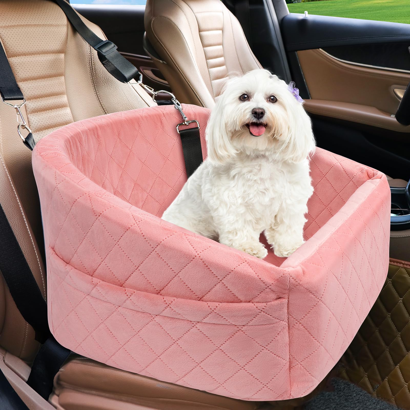 Dog Car Seat for Small Dogs,Detachable Washable Dog Booster Seat Under 30lbs, Pet Car Seat Travel Bed with Storage Pockets and Dog Safety Belt (Black/Grey)