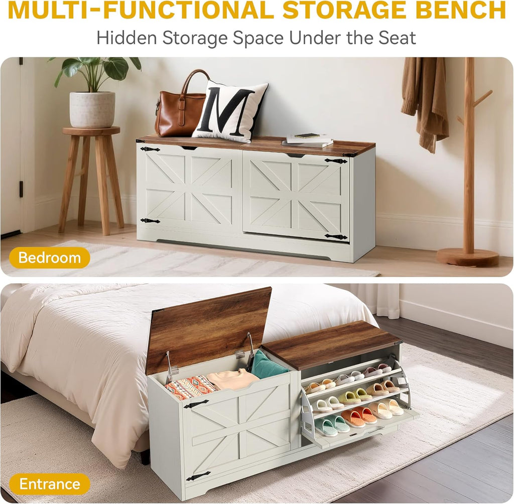 DWVO Shoe Storage Bench, 55" L Shoe Cabinet with 3 Flip Drawer & Flip-Top Storage, Farmhouse Modular Tilt-Out Organizer for Entryway, Mudroom, Bedroom