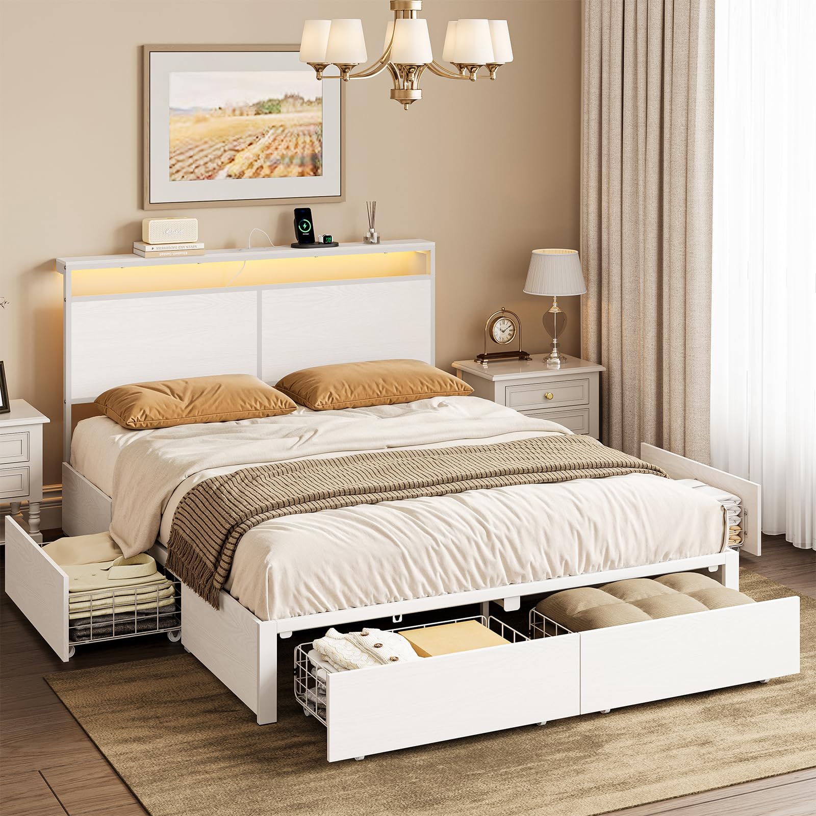 Full Bed Frame with Storage Headboard and 4 Drawers Bed Frame Full Size with Charging Station LED Lights Metal Platform Non-Slip Without Noise No Box Spring Needed