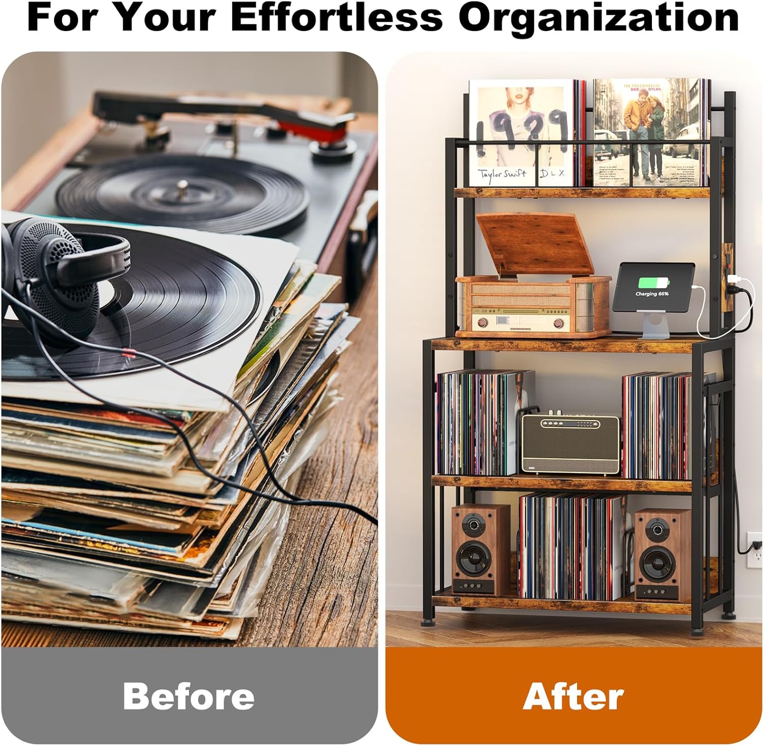 EasyCom Record Player Stand with Vinyl Storage, Turntable Stand Holds Up to 300 Albums, Large Record Player Table with Charge Station, Vinyl Record Stand for Living Room