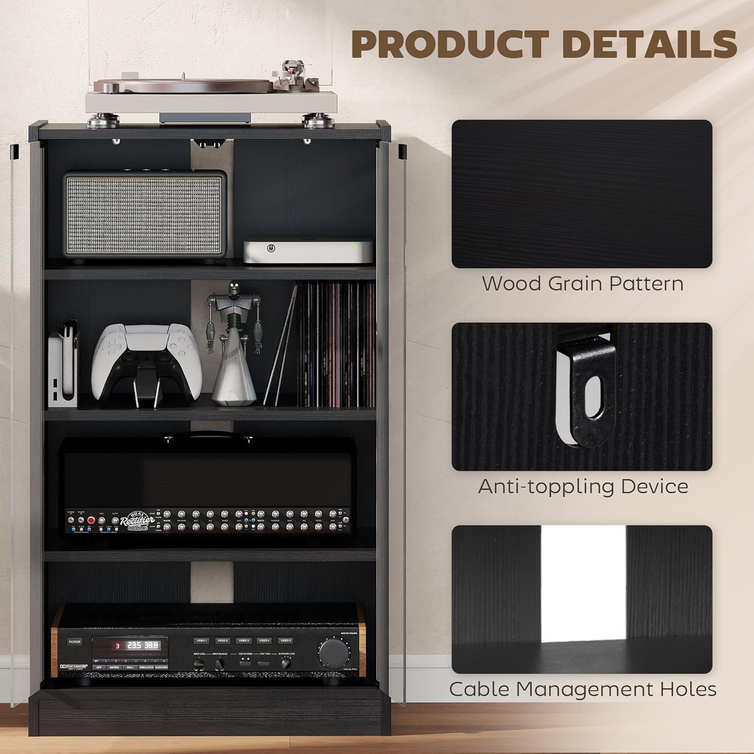 HOMCOM Media Cabinet, 4-Tier Stereo Cabinet, Record Player Stand with Vinyl Record Storage, Adjustable Shelves, Tempered Glass Doors and Cable Management, Distressed Black