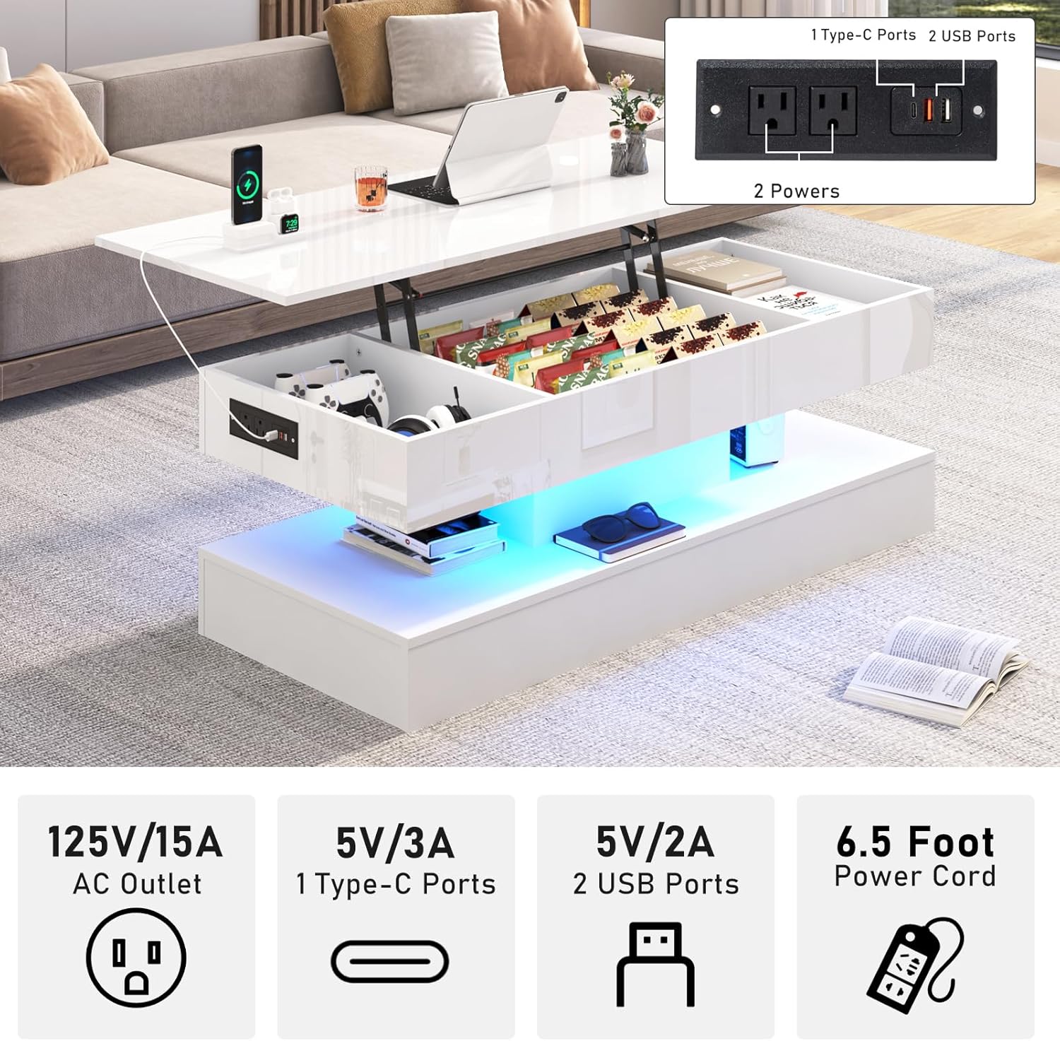 47.2" Large Lift Top Coffee Table,Modern High Glossy LED Coffee Tables for Living Room with Storage Drawer,White Living Room Tables for Livingroom,Dining Room,Bedroom Home Office(White)