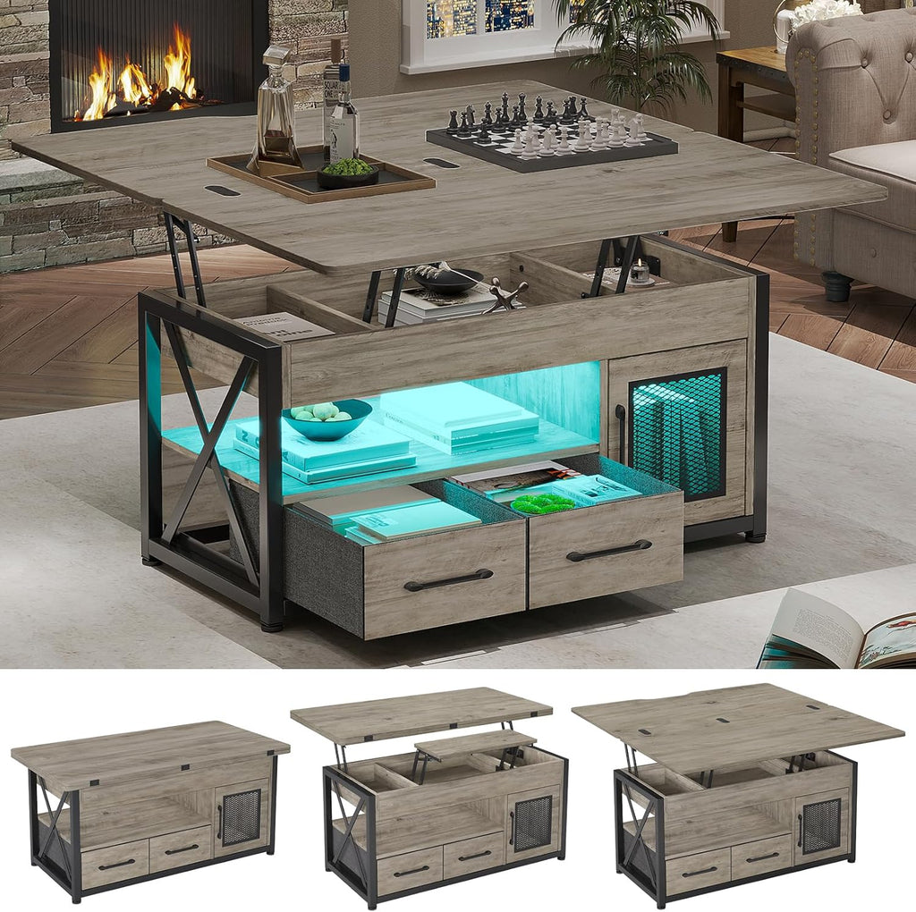 Itaar 40" Lift Top Coffee Table, 4 in 1 Coffee Tables with Storage Cabinet for Living Room, Small Farmhouse Coffee Table with 2 Fabric Drawers & LED Light for Dining Room, Grey