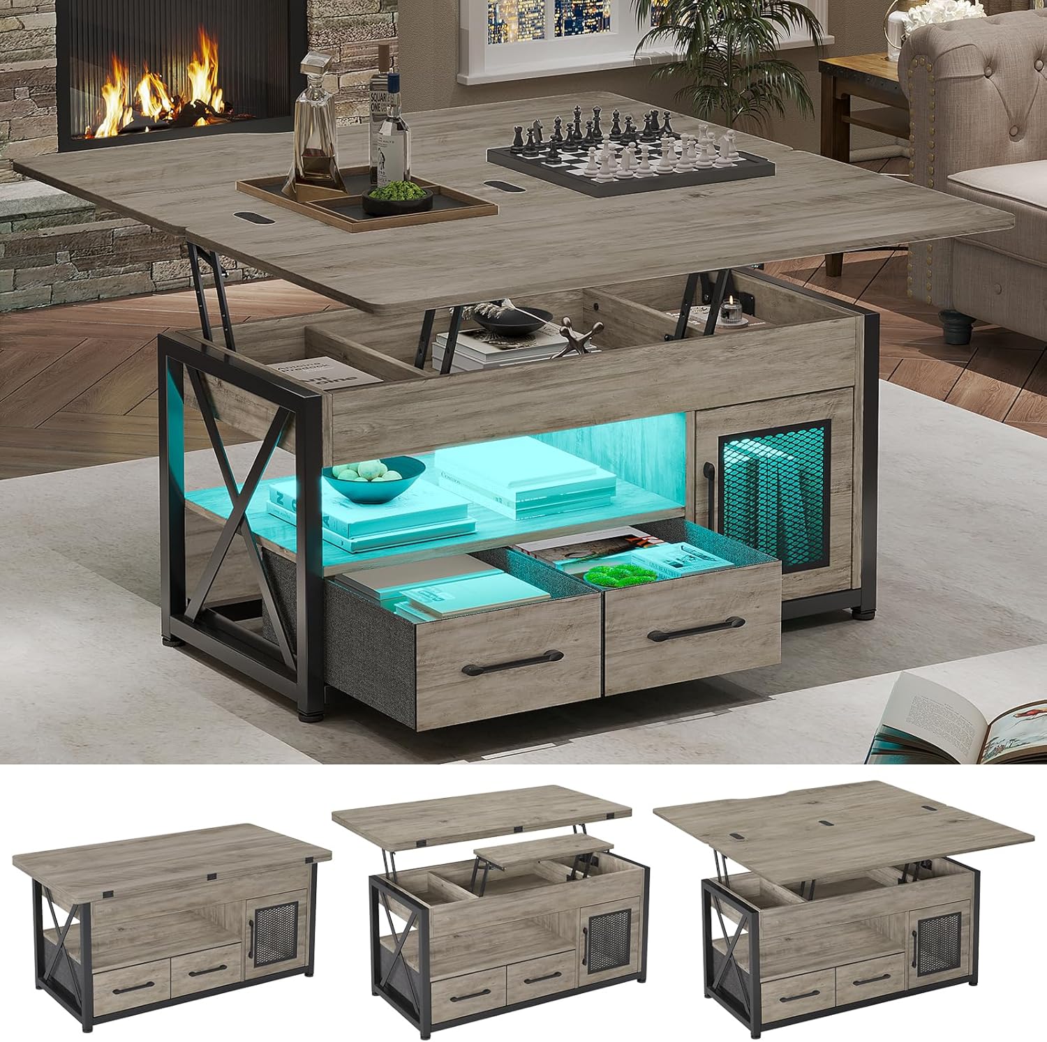 Itaar 40" Lift Top Coffee Table, 4 in 1 Coffee Tables with Storage Cabinet for Living Room, Small Farmhouse Coffee Table with 2 Fabric Drawers & LED Light for Dining Room, Grey