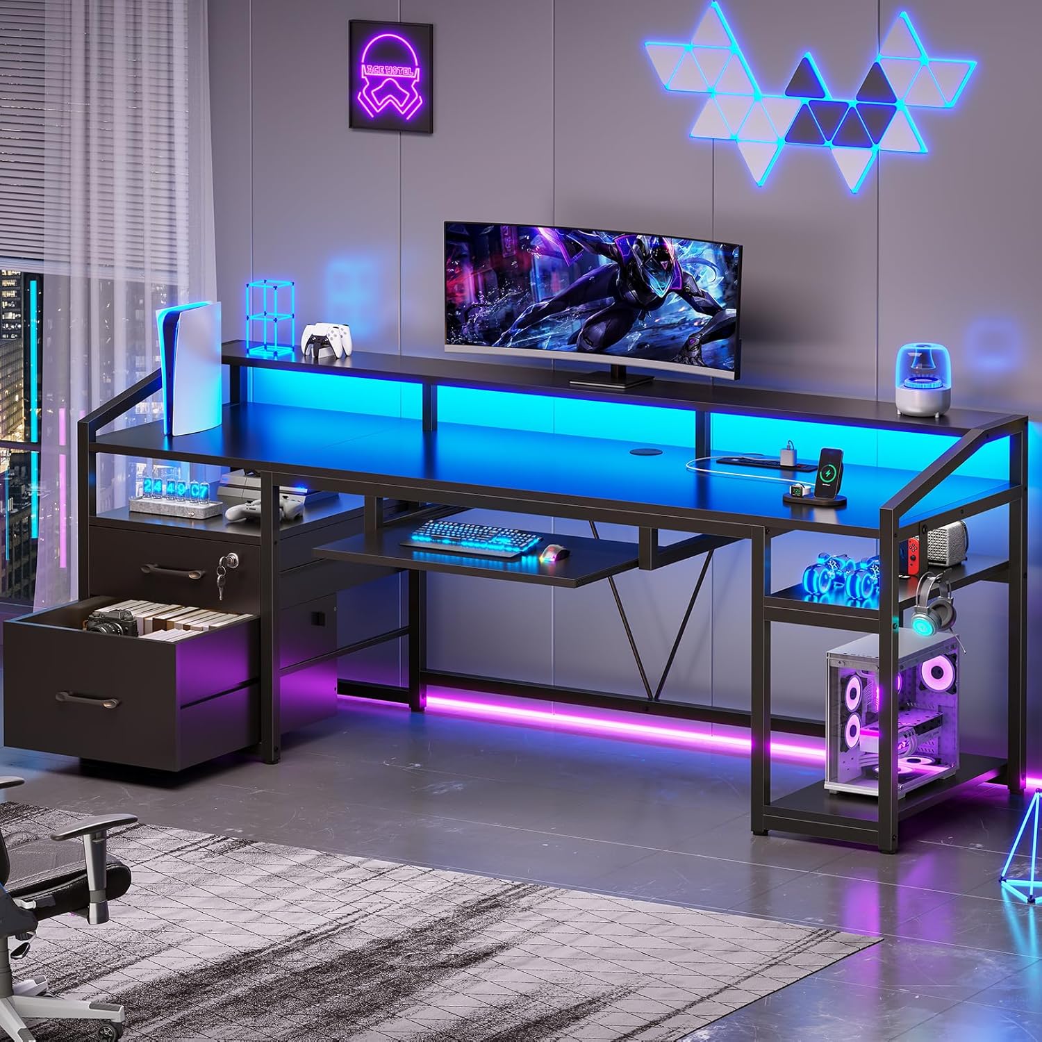 SEDETA 63" Computer Desk, Office Desk with Lockable Drawers for Legal/Letter File, Gaming Desk with LED Lights & Power Outlet, Home Office Desks with Storage, Black