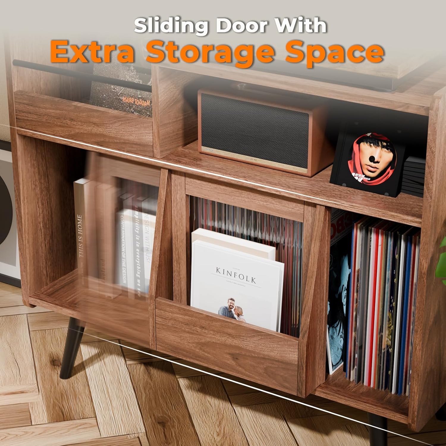 Large Record Player Stand,Turntable Stand Shelf with with Power Outlet and LED Light,Vinyl Record Storage Cabinet Up to 350 Albums, Wood Record Player Holder Table for Living Room