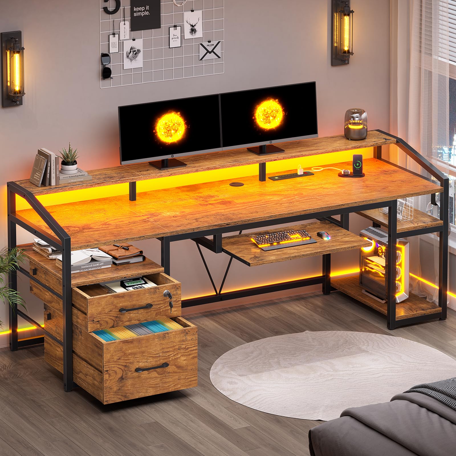 SEDETA 63" Computer Desk, Office Desk with Lockable Drawers for Legal/Letter File, Gaming Desk with LED Lights & Power Outlet, Home Office Desks with Storage, Black
