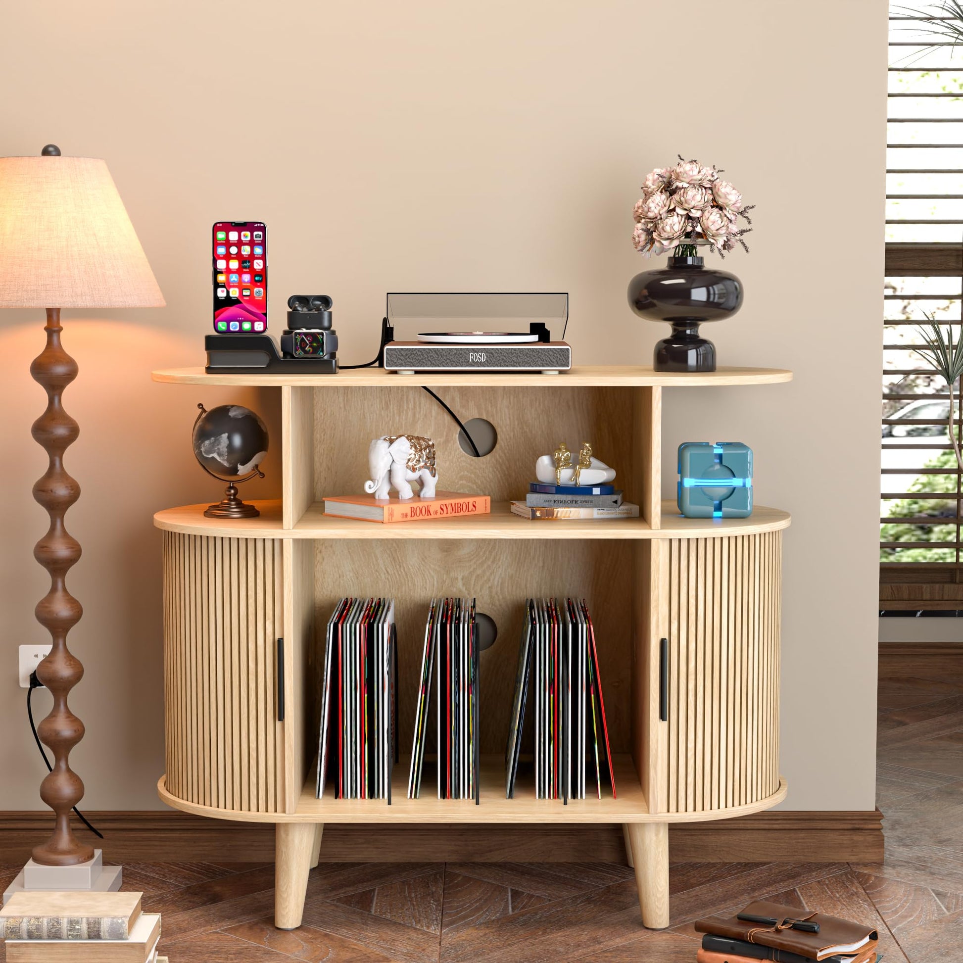 Large Round Record Player Stand with Charging Station & USB Ports，Record Storage Cabinet, Mid Century Modern Turntable Stand for Bedroom Living Room (Small Brown)
