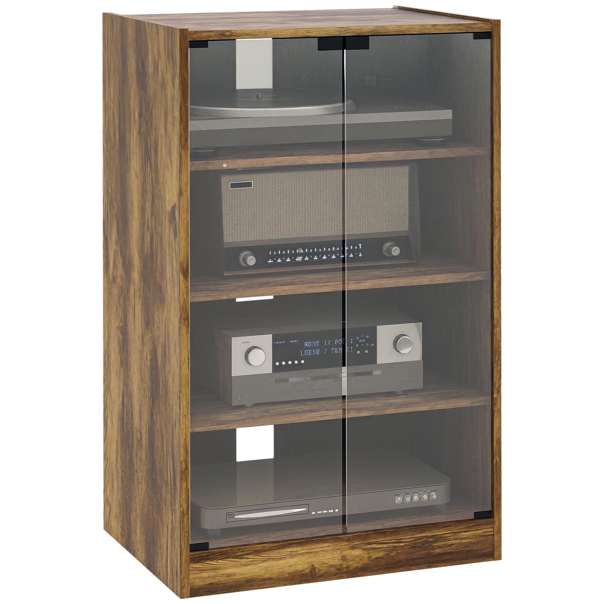 HOMCOM Media Cabinet, 4-Tier Stereo Cabinet, Record Player Stand with Vinyl Record Storage, Adjustable Shelves, Tempered Glass Doors and Cable Management, Distressed Black