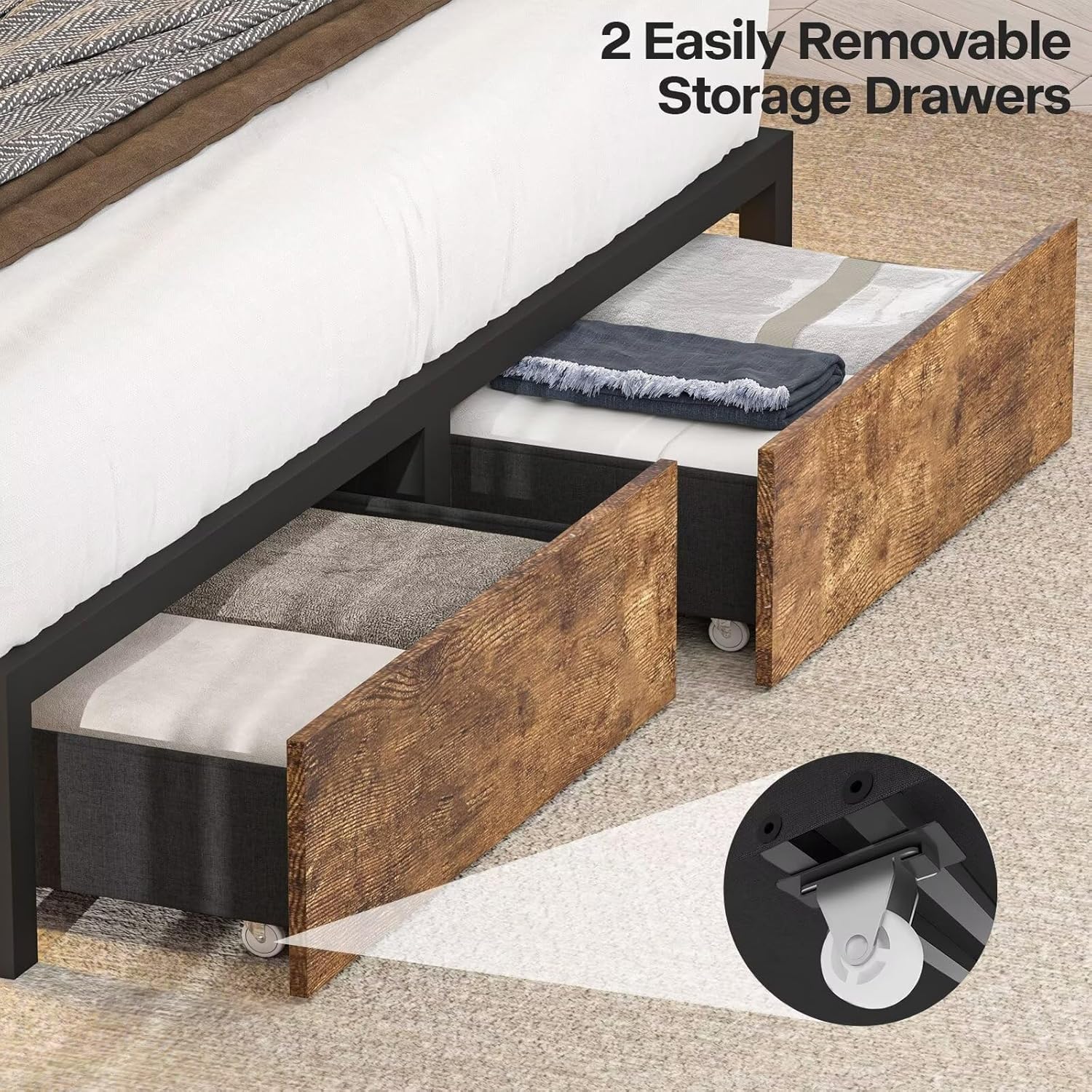 Queen Size Bed Frame with Storage Drawers and Bookcase Headboard, Rustic Brown Platform Bed Frame with Charging Station & LED Lights, Velvet Upholstered Tufted Bed Frame, No Box Spring Needed