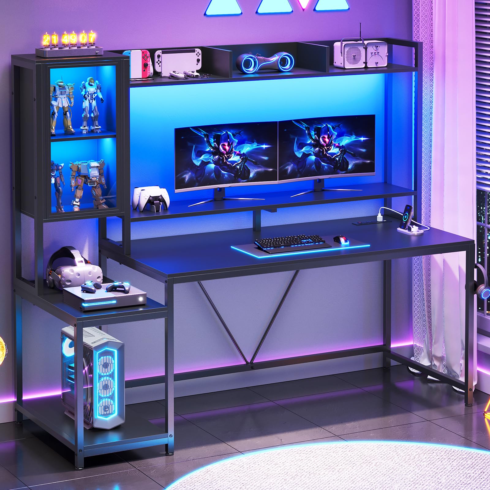 SEDETA Gaming Desk, 60'' Gaming Desk with Hutch and LED Lights, Computer Desk with Storage Shelves, Large PC Gamer Desk with Display Cabinet, Monitor Stand, Power Outlet for Home Office, Rustic Brown