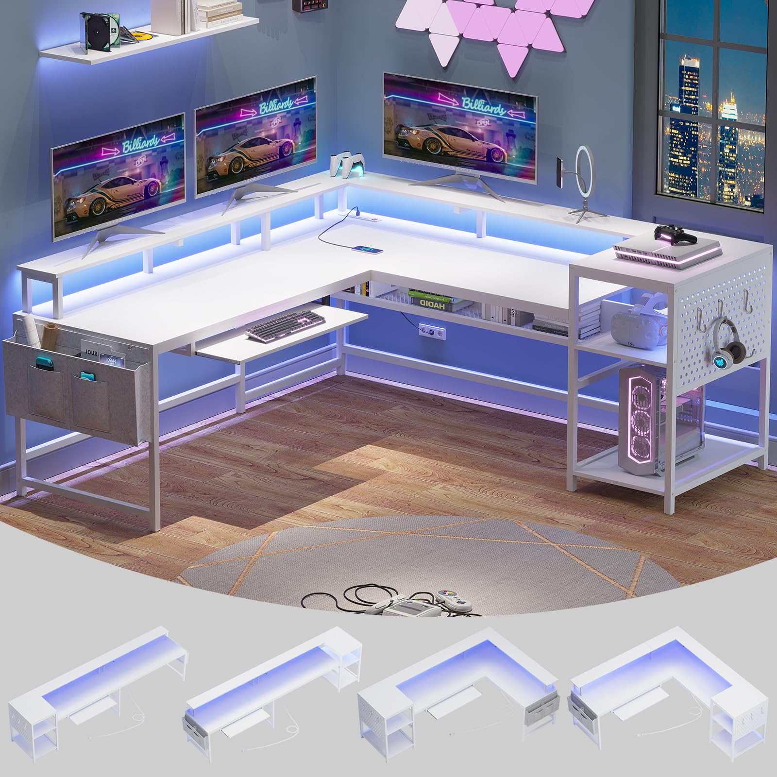 SEDETA L Shaped Gaming Desk, Convertible 96" Home Office Desk or Corner Desk, L Shaped Table with Power Outlets & LED Strip, Monitor Stand, Keyboard Tray, Pegboard and Storage Shelves, Grey