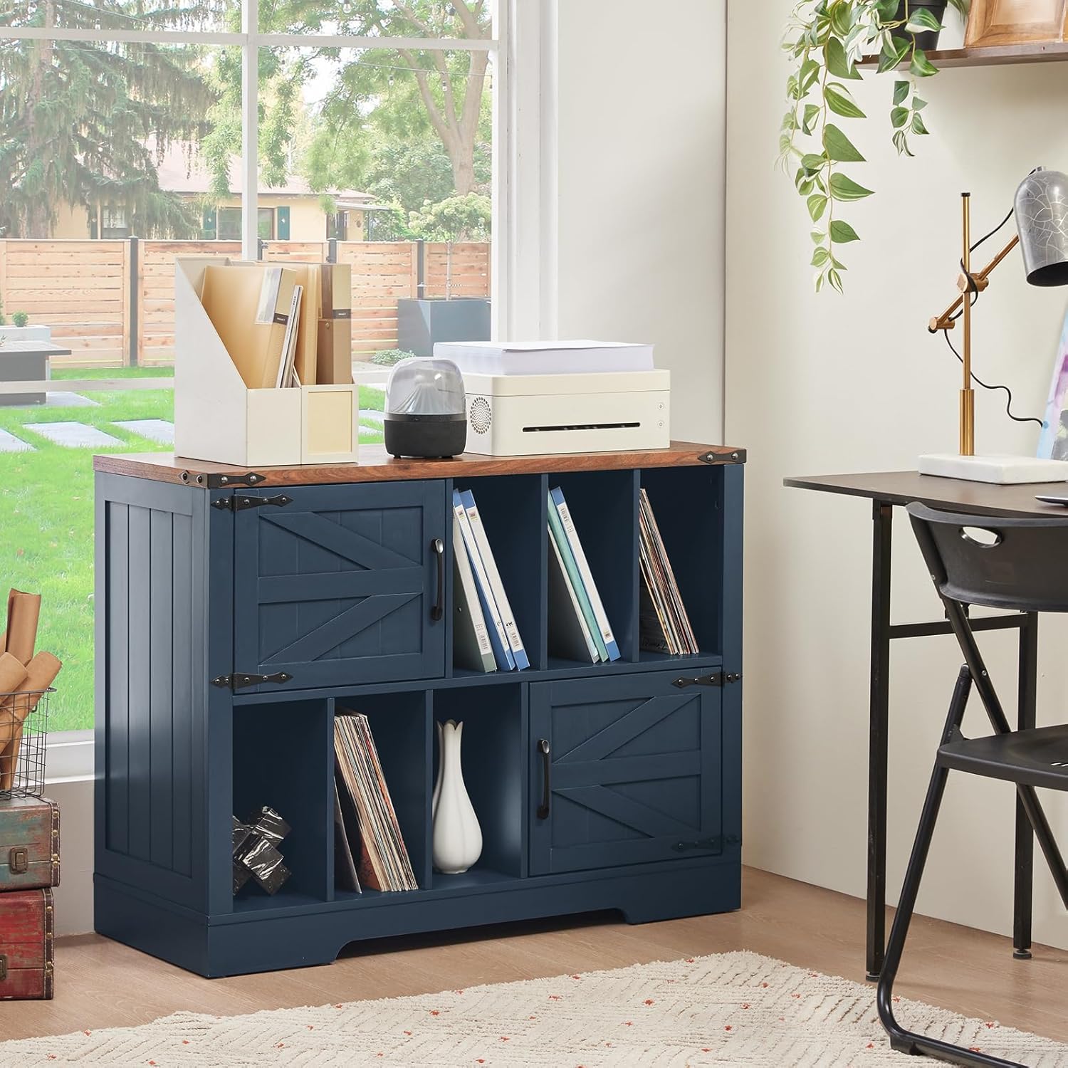 Large Record Player Stand with Vinyl Storage Up to 450 Albums, 39 Inch Farmhouse Wood Navy Blue Vinyl Records Storage Cabinet with Barn Doors, Mid-Century Turntable Stand for Living Room