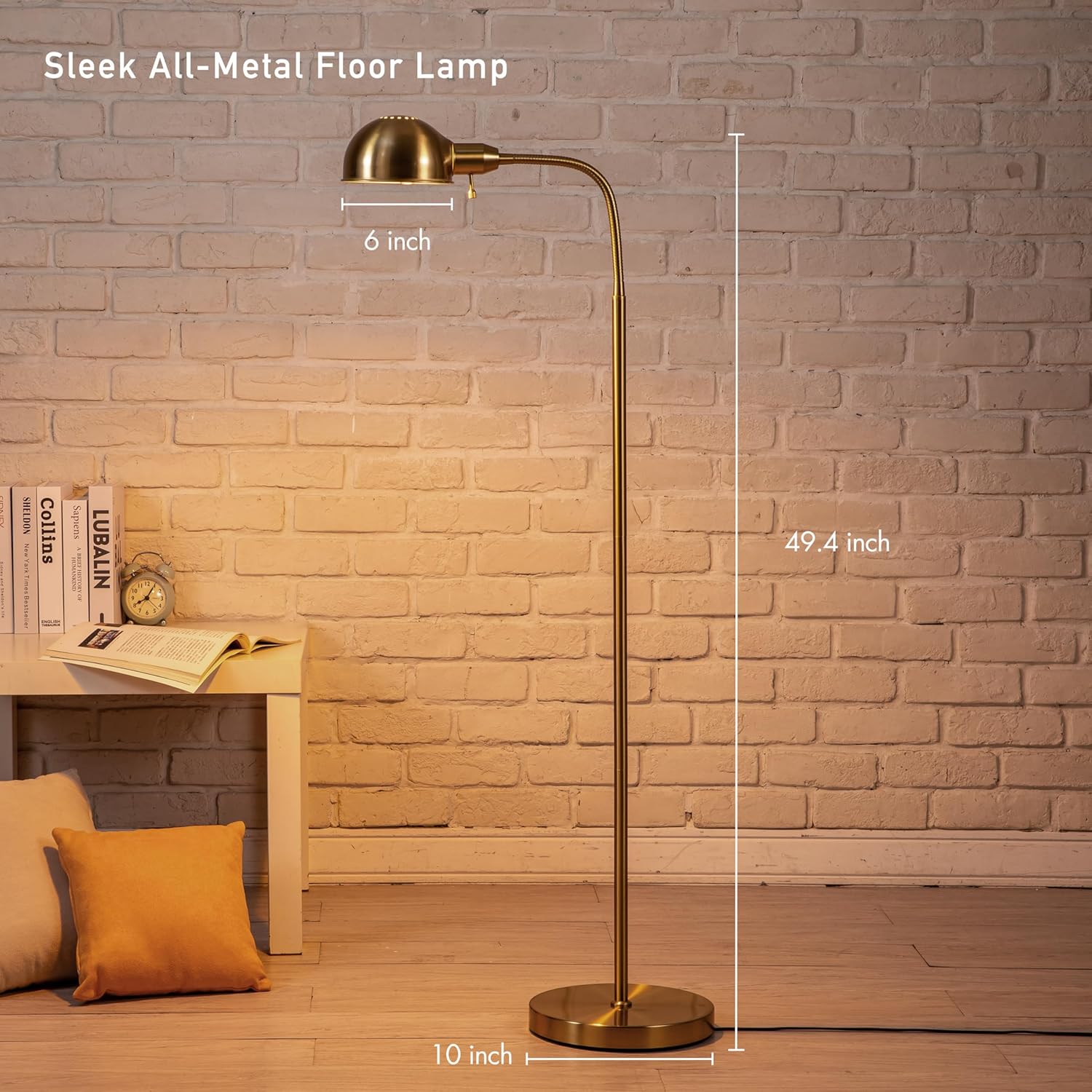 O'Bright Nova - Adjustable Floor Lamp with Flexible Gooseneck and Rotatable Shade, E26 Socket, 10-Inch Base - Ideal for Reading, Bedside, Living Room, Antique Brass