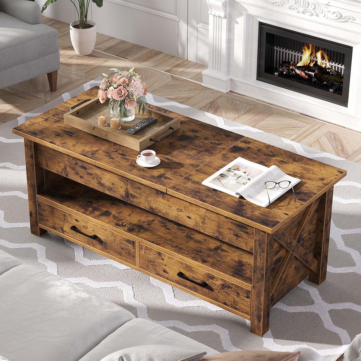 Seventable Coffee Table, 47.2" Lift Top Coffee Table with 2 Storage Drawers and Hidden Compartment, Farmhouse Center Table with Wooden Lift Tabletop, for Living Room,Rustic Brown