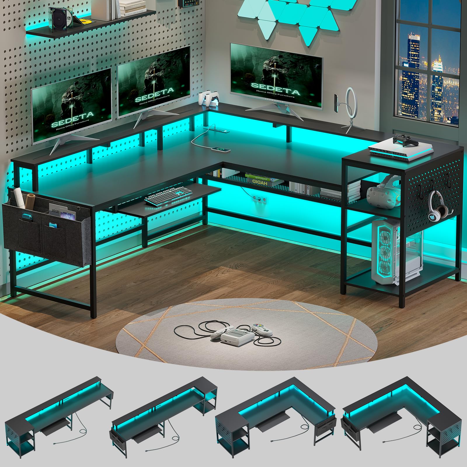 SEDETA L Shaped Gaming Desk, Convertible 96" Home Office Desk or Corner Desk, L Shaped Table with Power Outlets & LED Strip, Monitor Stand, Keyboard Tray, Pegboard and Storage Shelves, Grey