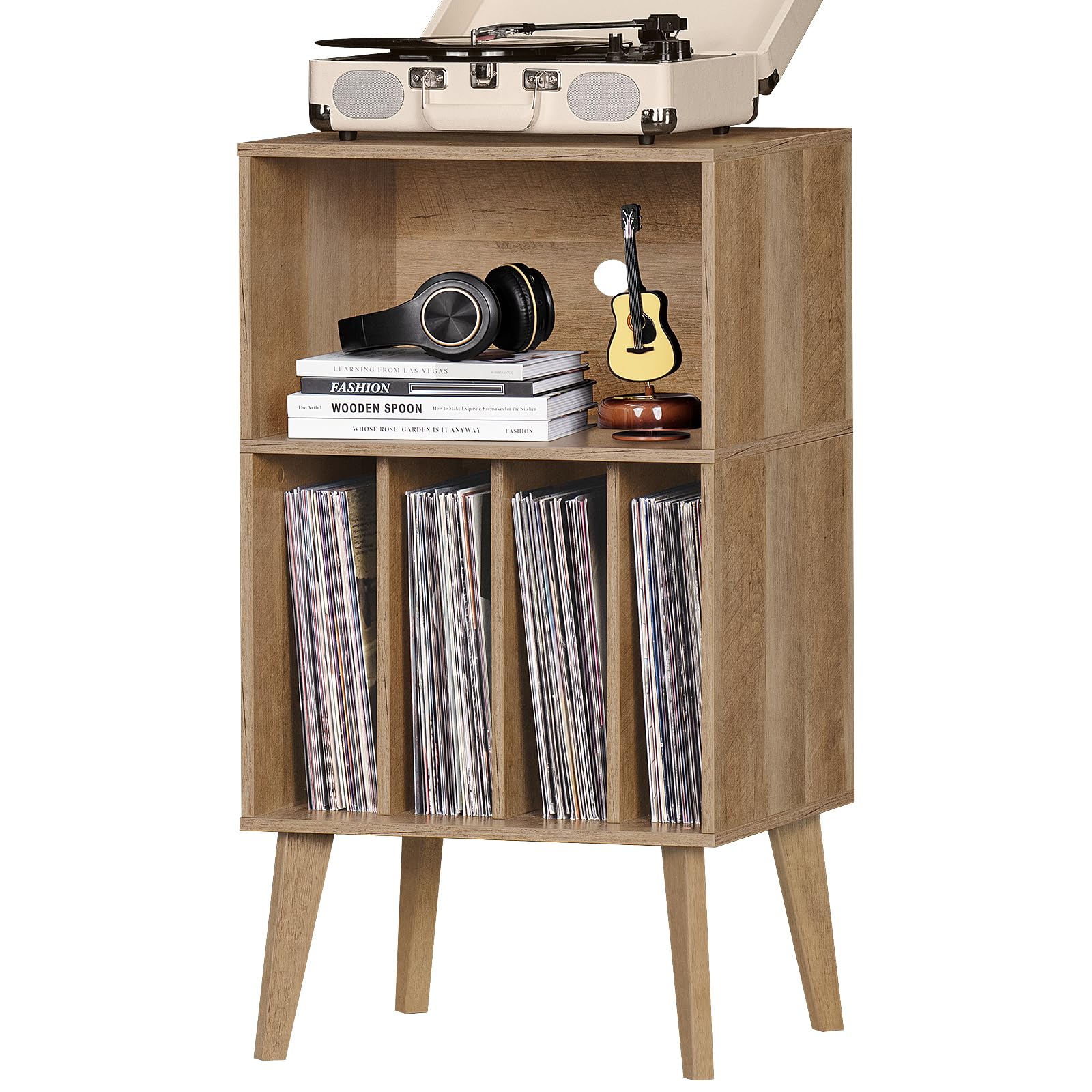 Lerliuo Record Player Stand, Walnut Turntable Stand Holds up to 160 Albums, Mid-Century Vinyl Storage Cabinet Table with Solid Wood Legs, Record Player Holder Dispaly Shelf for Bedroom Living Room
