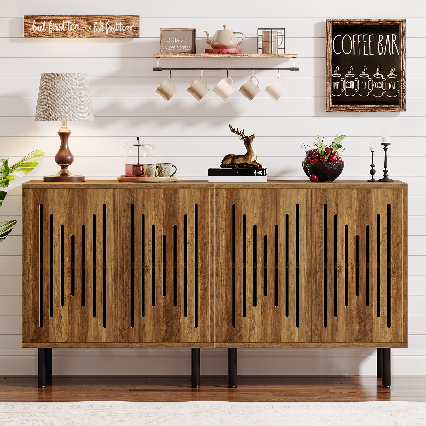 Tribesigns Set of 2 Sideboard Buffet with Storage, 59" Buffet Sideboard Cabinet with Adjustable Shelves, Accent Storage Cabinet for Living Room, Dark Brown