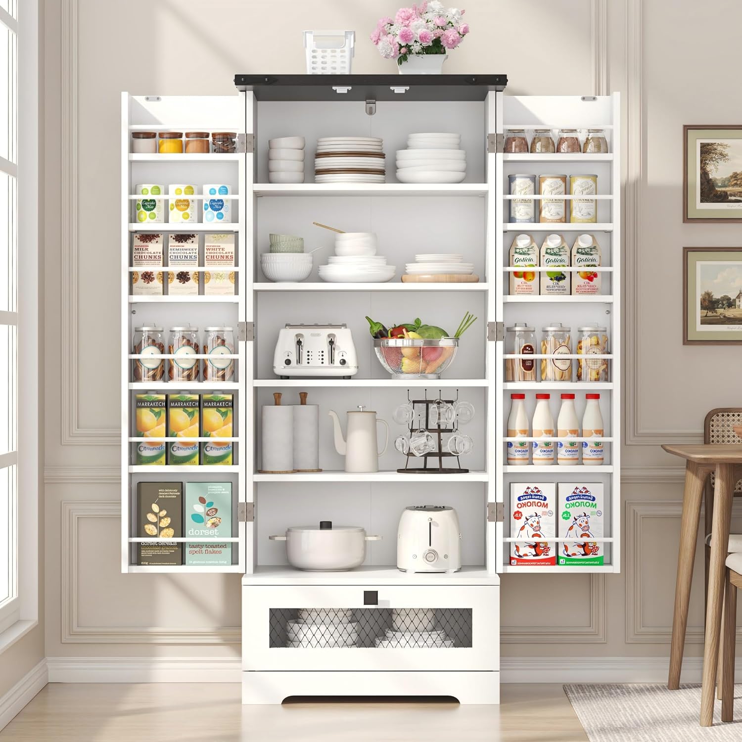 55'' Pantry Storage Cabinet with Adjustable Shelves and Drawer, Buffet Cupboard for Kitchen, Living Room, Bathroom, Dining Room