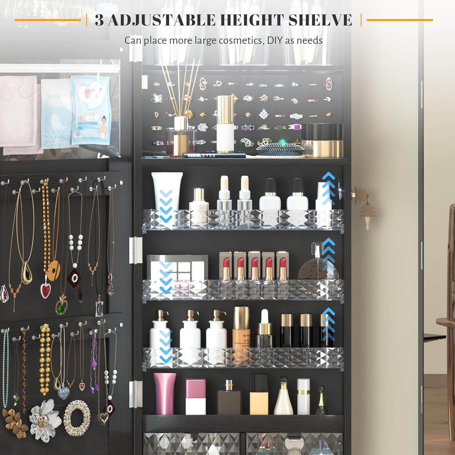 Vlsrka 47.2" LED Mirror Jewelry Cabinet, Wall/Door Mounted Full Length Mirror with Storage, Lockable Jewelry Armoire with Mirror, Rounded Corner Hanging Mirror Jewelry Organizer, Black